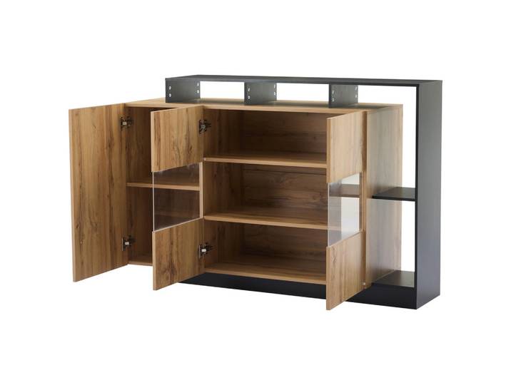 Flieks Sideboard LED Holz MDF Bluetooth Modern Esszimmer Stauraum, Naturfarben, 44x93.5x140 cm, Kleinmöbel, Kommoden, Sideboards