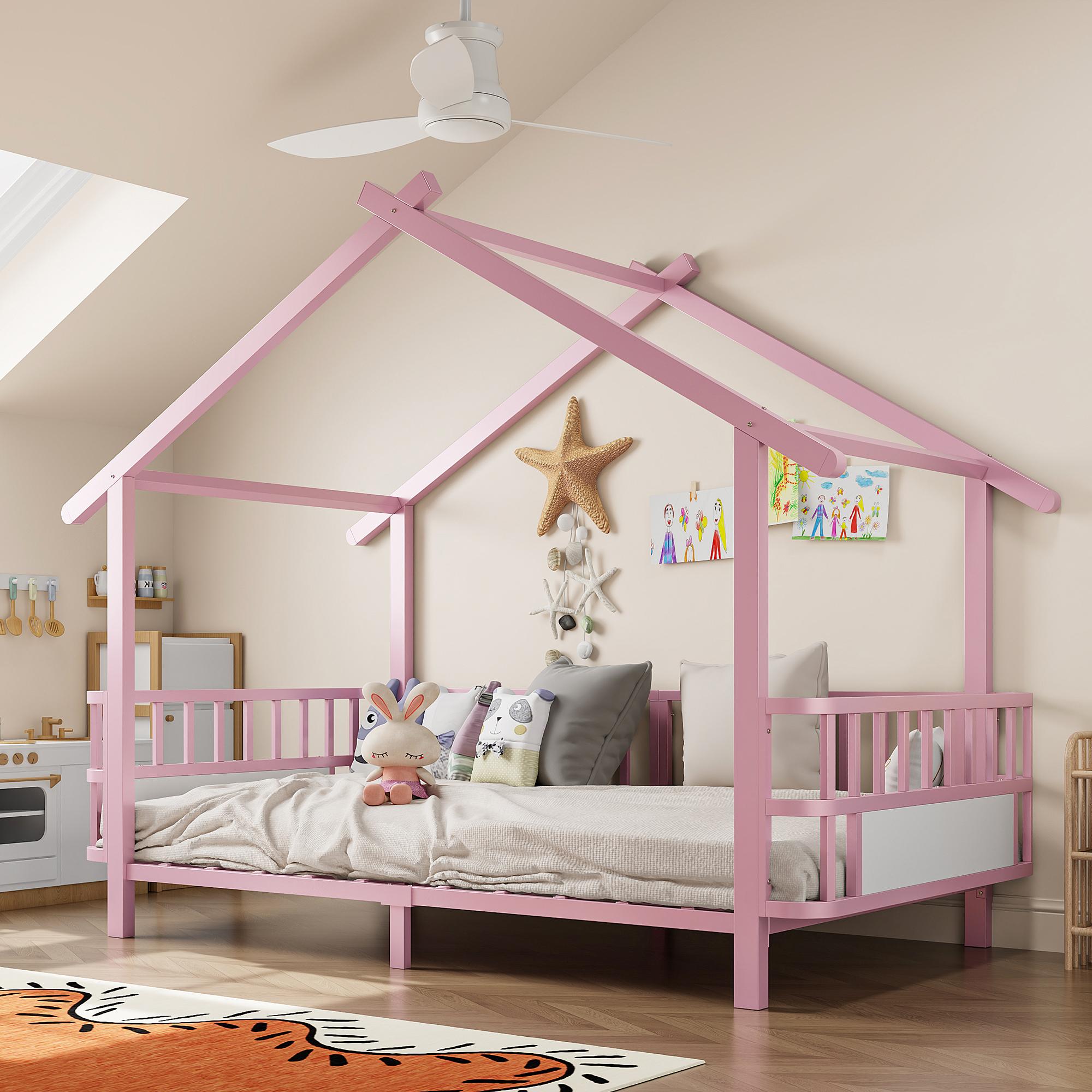 MODFU Kinderbett 90 x 200 mit Seitengitter,Hausbett mit offene Dachkonstruktion,Bettrahmen aus Metallrahmen,Mit Matratze,Rosa