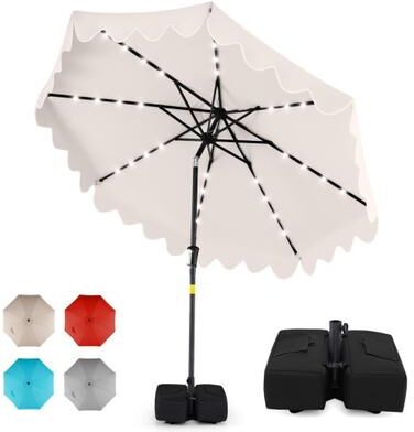 Costway 9 FT Outdoor Patio Umbrella with Solar LED Lights and Weighted Base-Beige