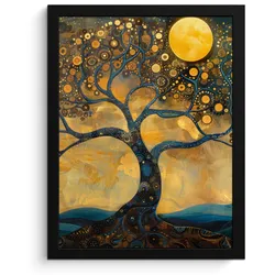 POSTER MIT RAHMEN Baum - Mond - Blumen - Gold - Kunst Bilderrahmen 30x40 cm