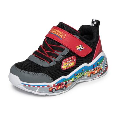 Lauflernschuh SKECHERS "PLAY SCENE", Baby, Gr. 22, Textil, schwarz (schwarz, rot), Lederimitat, Mesh, kontrastfarbene Details, Schuhe Lauflernschuh, Freizeitschuh mit bedruckter Sohle, Größenschablone zum Download
