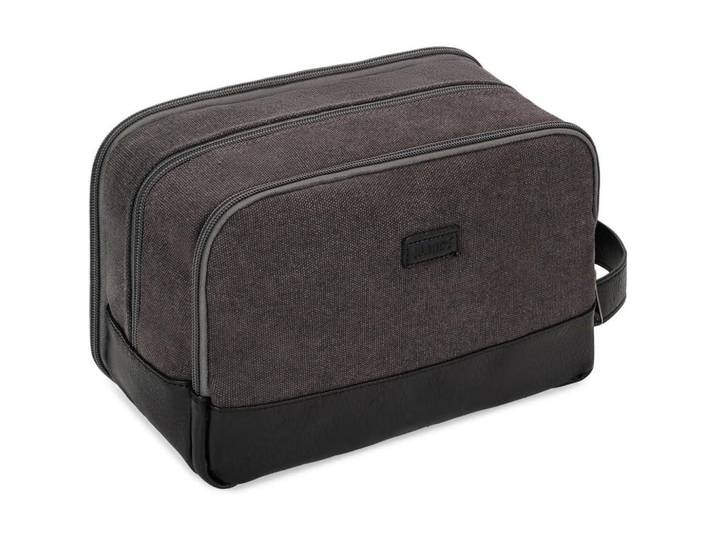 Kulturtasche Dunkelgrau Canvas/Veganes Leder, Anthrazit, 16x13x25 cm, Badaccessoires, Kosmetikdosen