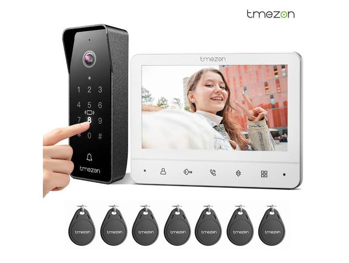 Système d'interphone vidéo à 4 fils pour la maison, moniteur vidéo TMEZON 7 pouces, sonnette vidéo, caméra de porte, déverrouillage par code/carte RFID