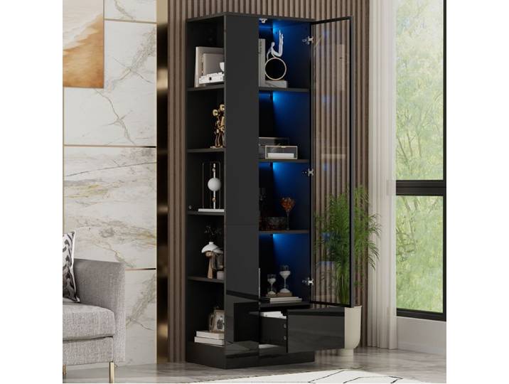 WOVREO Vitrine noire brillante LED réglable porte vitrée tiroir et étagères ouvertes 50 x 35 x 160 cm