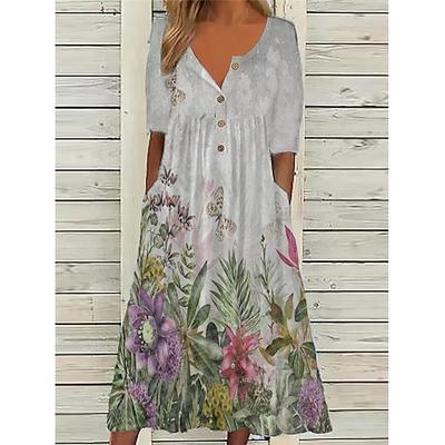 Damen Midikleid V-Ausschnitt Blumendruck Kurzarm A-Linie Komfort Blau Strand Party Frühling Sommer Mode Kleidung