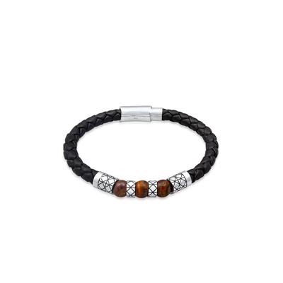 Armband KUZZOI "Herren Leder Bead Magnet-Verschluß 925er Silber" Gr. 19, schwarz, Armbänder, Herren, 19cm, ohne Stein, Silber 925 (Sterlingsilber), Armband