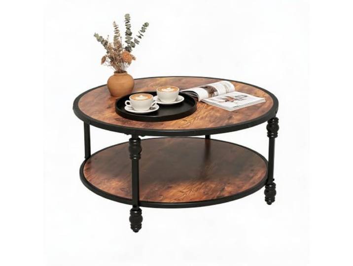 Litake 77 cm Vintage Couchtisch Rund, Beistelltisch Rund mit 2 Ablagen Sofatisch Holz Ø 30.5 mit Ablage, Couchtisch Rund mit Massivholzoptik, Stabiles Metallgestell, Offenes Fach Einfache Montage