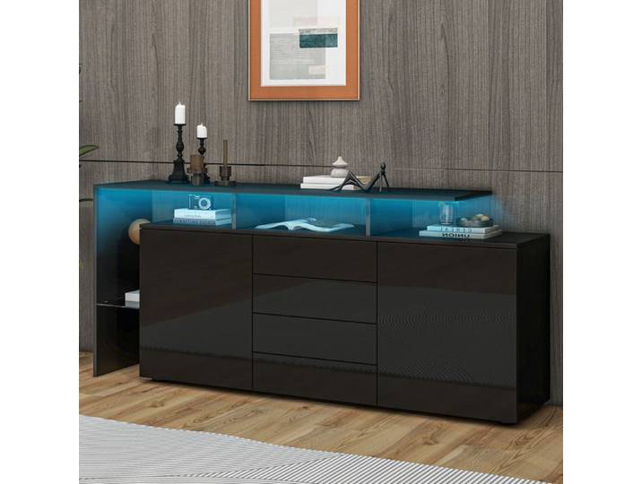 Buffet bas - ZEVKOR - 160×35×70 cm - 2 portes - 4 tiroirs - Niche vitrée LED USB