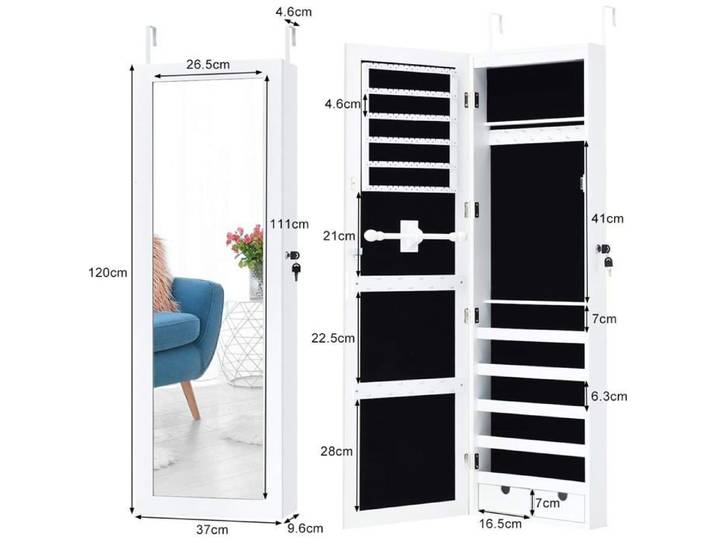 GIANTEX Armoire à Bijoux Mural Verrouillable avec Miroir et Lumière LED Armoire de Rangement Accrochée à la Porte avec Compartimen