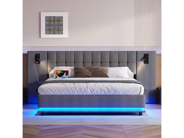 Lit double rembourré - MODERNLUXE - 180x200 cm - LED - USB - Lin gris