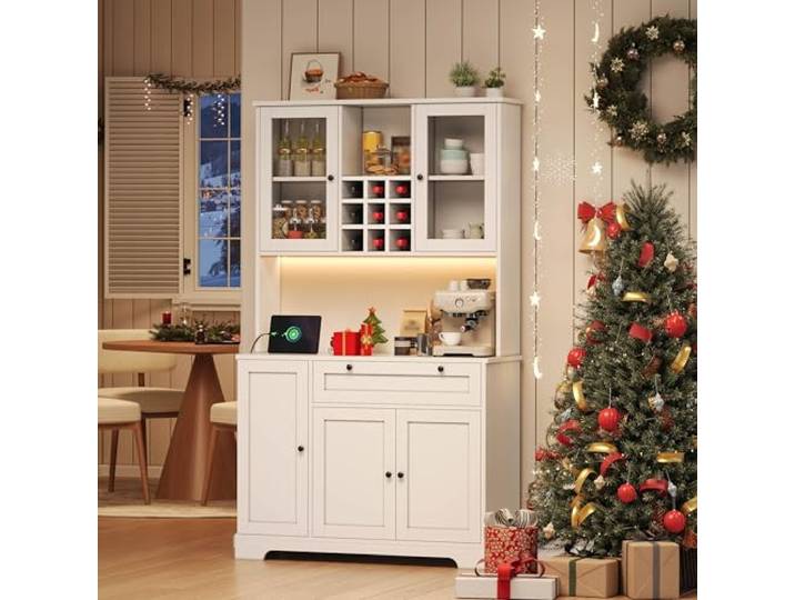 BTM Hochschrank mit LED, Gewürzregal, Küchen Buffetschrank Küchenschrank mit Arbeitsplatte Aufbewahrungsschrank mit Tür Weiß