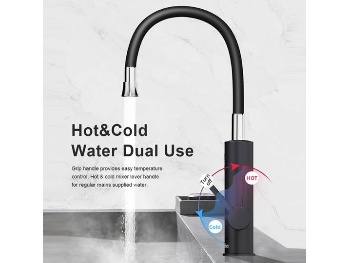 Chauffe-eau électrique Briwellna 220V 2-en-1 avec robinet de cuisine sans réservoir noir et bec universel