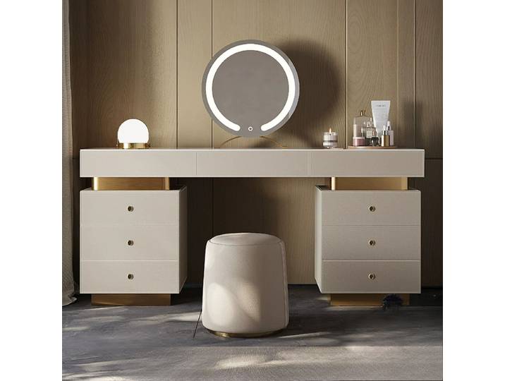 Table de maquillage de luxe avec commode ronde à LED, armoire de rangement, meuble de chambre moderne