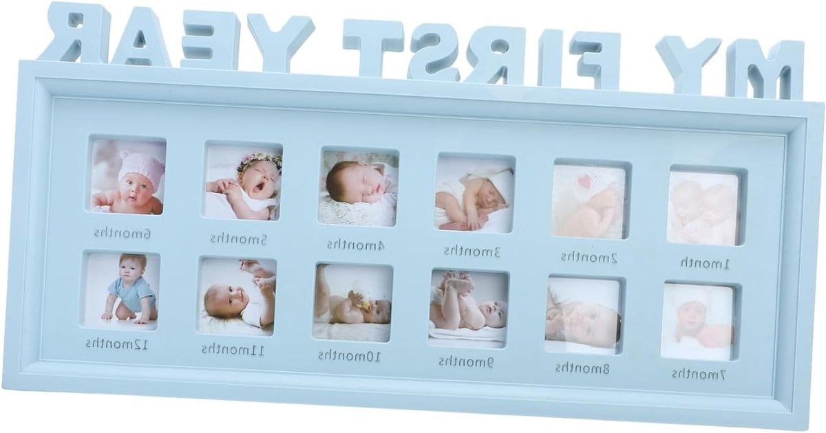 Baby Fotoframe Groei Album voor Baby Herinneringen - 12 Maanden Overzicht - Blauw - 41 x 20 cm
