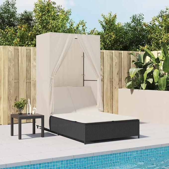 Doppel-Sonnenliege Gartenliege mit Dach und Vorhängen Schwarz Poly Rattan, 4-Fach verstellbare Rückenlehne, wetterfeste Auflage und Polster für Balkon Terrasse Outdoor-Erholung