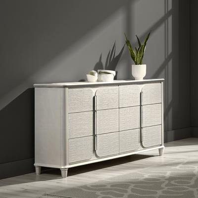 Benjara Veda Wide Dresser, Luxurious Pearl White Wood Finish, 6 Modern Drawers