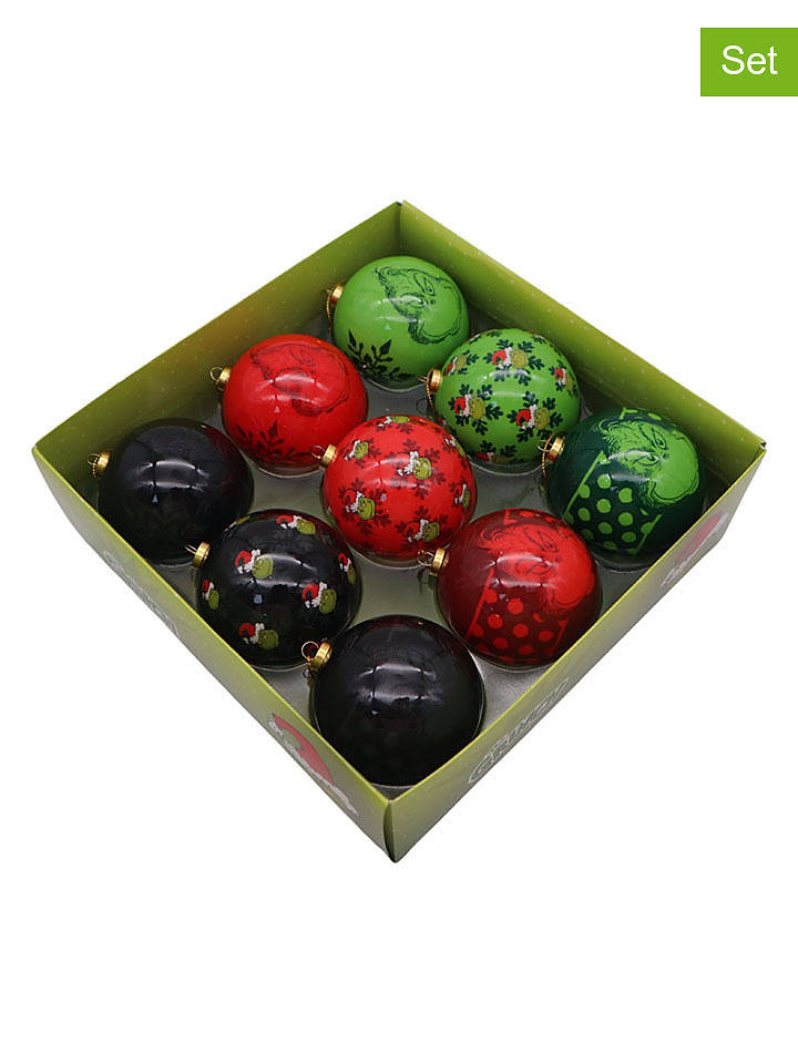 Christmas Inspirations 9er-Set: Christbaumkugeln "The Grinch" in Schwarz/ Rot/ Grün - Ø 7,5 cm - onesize