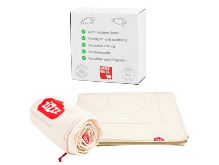 zizzz 4-Jahreszeiten Kinderduvet 140x170 cm – Schweizer Swisswool & Bio-Baumwolle – Atmungsaktive Ganzjahresdecke für Kinder- & Juniorbetten