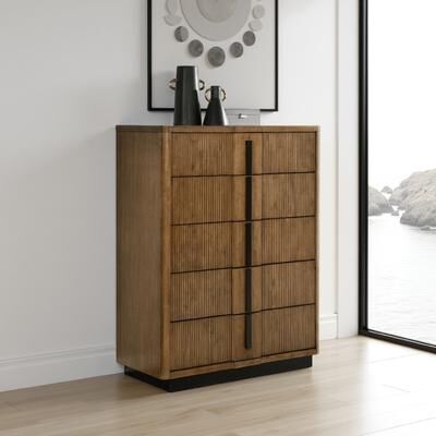 Benjara Reon Tall Dresser Chest, 5 Drawers, Decorative Reeded Ash Brown Black
