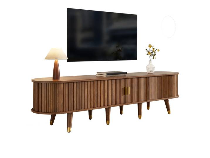 Evryae Lowboard TV-Schrank mit Schiebetür Rattan, Walnuss-Optik, Goldakzente, Groß, Holz/Rattan Design, Nussbaumfarben, 2 Fächer, 2 Schubladen, Oval,Oval, konisch, 175x45x38 cm, Wohnzimmer, TV Möbel, Lowboards, Lowboards stehend