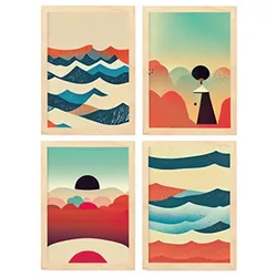 POSTER Set mit 4 Wolken Abstrakt Moderne Galaxien A3 Rahmen aus hellem Holz