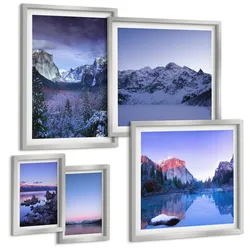 BILDER SET 5er Set - 50x50 cm & 20x30 cm & 40x60 cm Silberner Rahmen - Berglandschaften, Sonnenuntergang, Wasser
