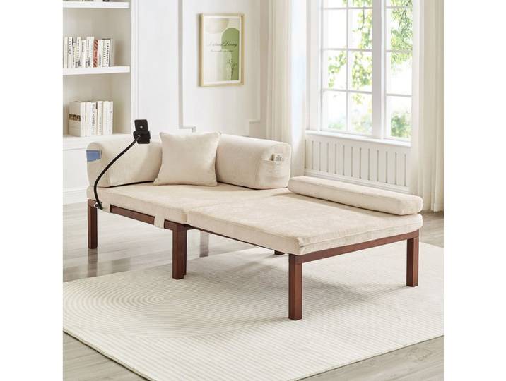 Canapé-lit pliant 1 place en bois massif velours beige convertible gain de place