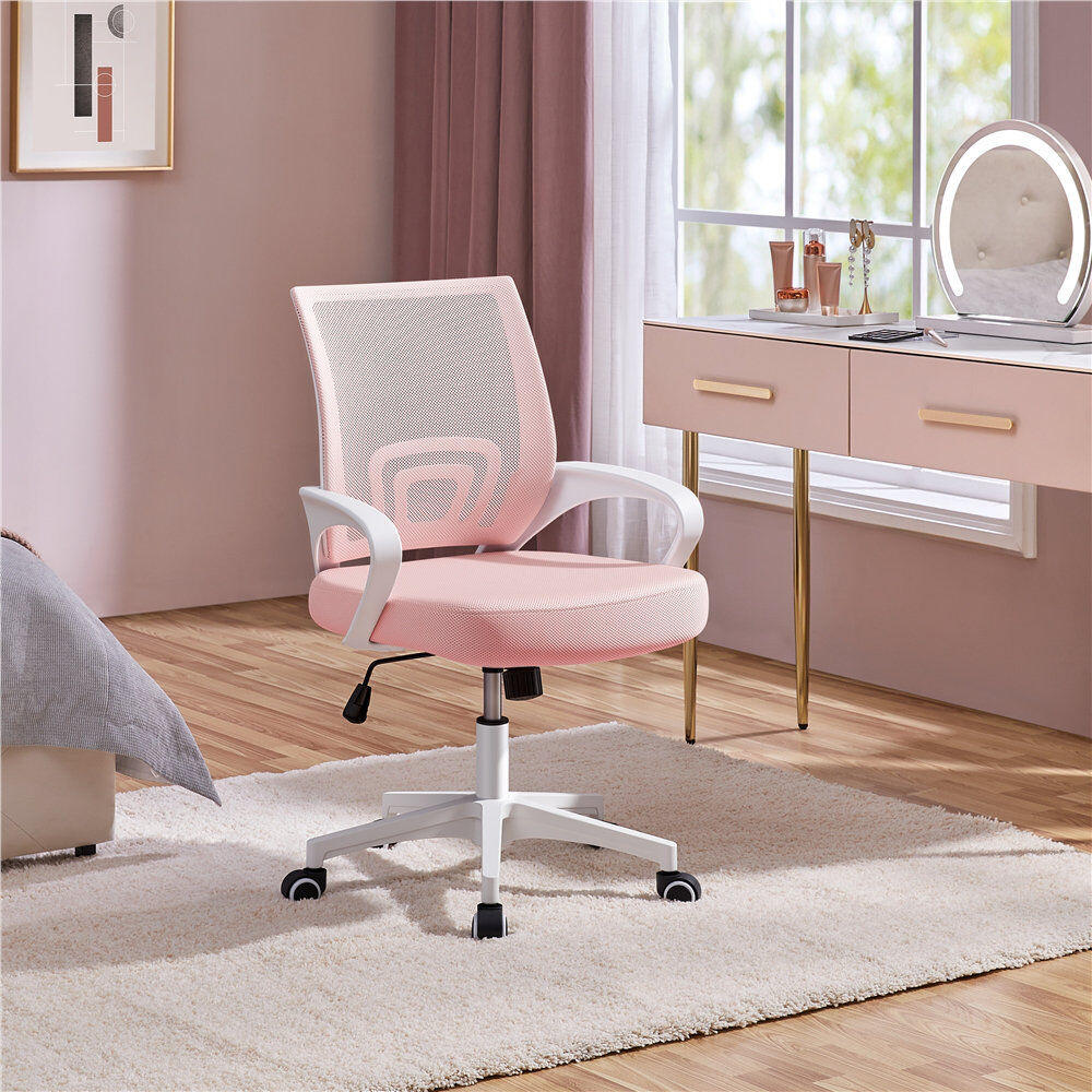 Yaheetech Mid-Back Mesh Swivel Office Chair Pink/White 97cm H X 60.5cm W X 60cm D