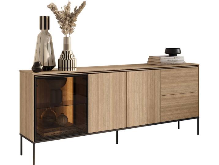 MIRJAN24 Türkommode Visso 2D1W2S VI-06, Stilvoll Wohnzimmer, Kommode mit drei Drehtüren und zwei Schubladen (Farbe: Lineare Eiche)