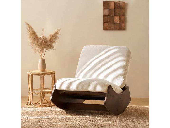 Fauteuil planeur en tissu côtelé blanc cadre bois massif mouvement de balancement pour chambre salon nurserie 90 cm largeur