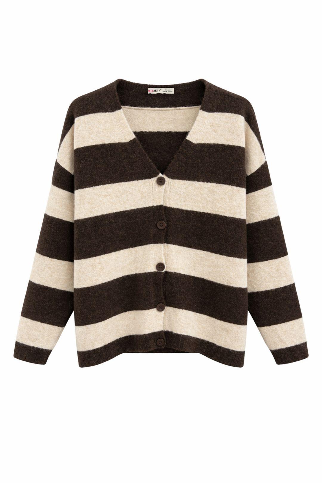 Gestreifter V-Ausschnitt Knopf-Front Strickcardigan