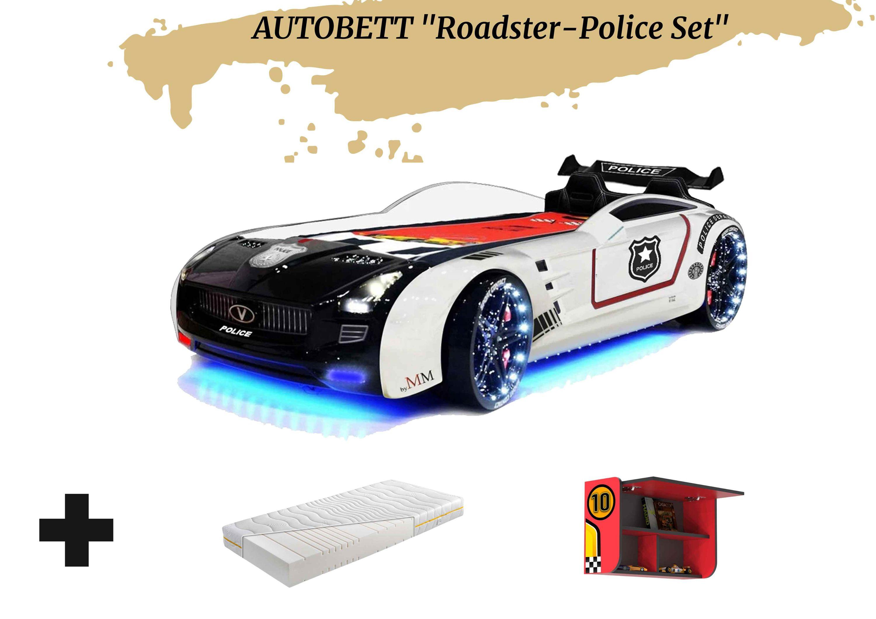 Autobett Kinderbett "Roadster Police" LED Sound Sportsitze inkl. Matratze und Wandregal