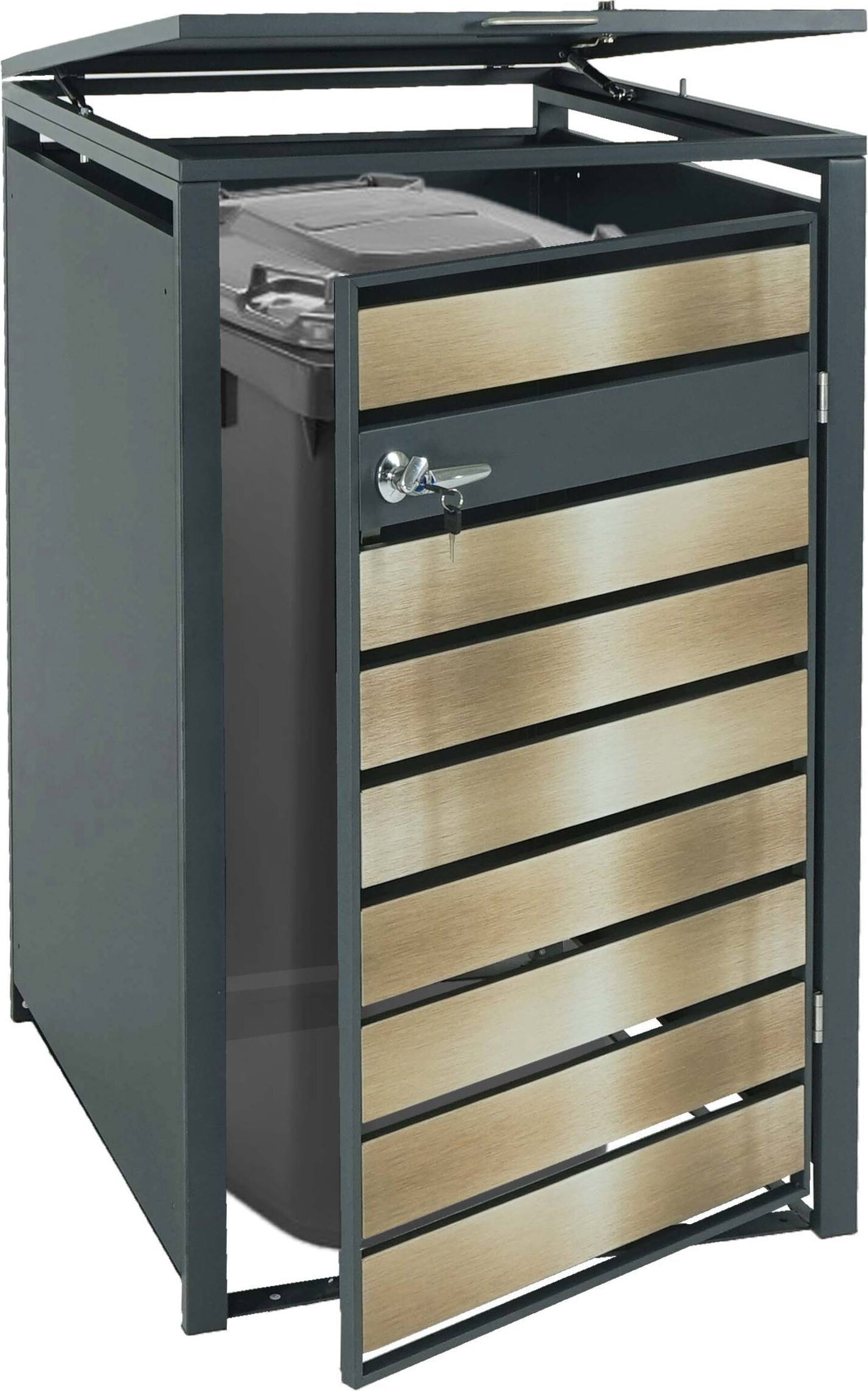 1er Mülltonnenverkleidung MCW-J81, Mülltonnenbox, erweiterbar, Metall 32kg, anthrazit gold