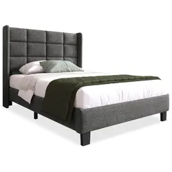 OKWISH Polsterbett 90×200 cm mit gepolstertem Kopfteil, Lattenrost und mittelfester Federkernmatratze, Leinen, Grau, modernes Einzelbett