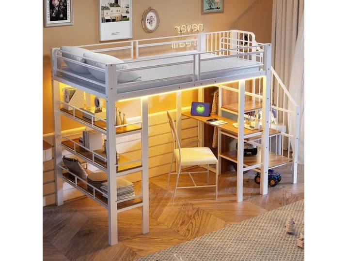 Lit mezzanine - MERAX - Lit mezzanine avec bureau et LED - 90x200 cm - Métal & rangements - Escalier rangement
