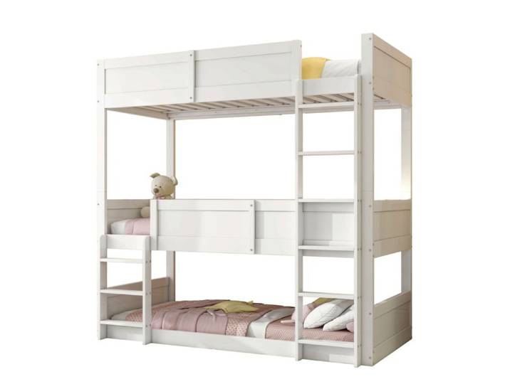Lit superposé triple – 3 couchages – 90 x 200 cm – blanc – bois – avec échelle