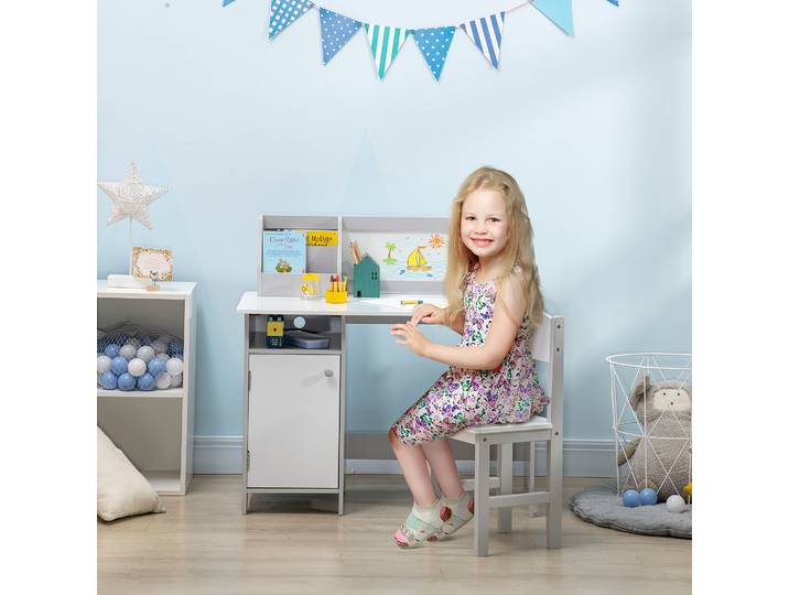 HOMCOM Bureau Enfant +5 Ans avec Tableau Blanc Gris