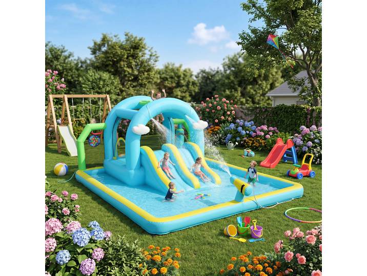 Aiyaplay Château aquatique gonflable 7 en 1 avec souffleur, 2 toboggans, trampoline, piscine, panier, colonne de boxe 426X360X198 cm
