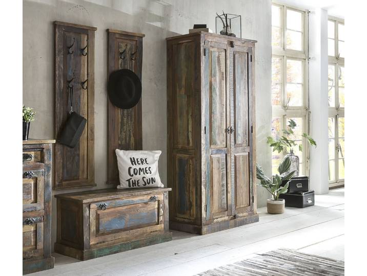 Garderoben-Set SIT Bingen 4-tlg. aus Altholz mit Schuh- & Kleiderschrank , bunt, Kastenmöbel-Sets, Garderoben-Set, Bunt lackiertes Altholz mit starken Gebrauchsspuren im Vintage-Look
