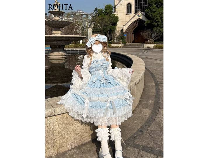 Robe JSK élégante et classique Lolita 4XL, ensemble complet surdimensionné avec accessoires assortis : chapeau, traîne, nœuds et manches pour le thé.