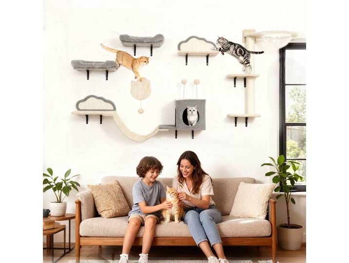 PawHut Étagères Murales Chat 6pcs Hamac Acrylique Beige