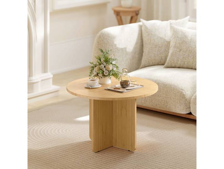 HOMCOM Table Basse Ronde Bambou Pied en Croix Nature