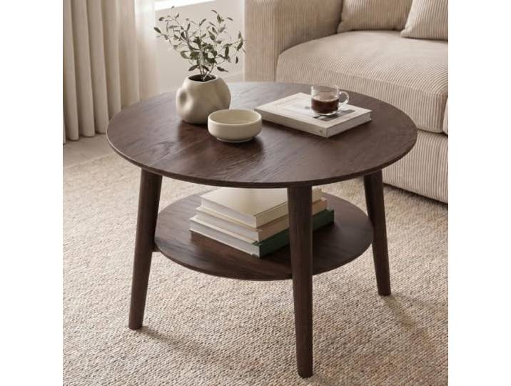 skølm Mjölnir Couchtisch rund Ø70 cm, Eiche massiv, dunkel lackiert Wohnzimmertisch, Sofatisch mit 2 Ablagen, kleiner Beistelltisch, Holztisch Wohnzimmer mit Stauraum, Coffee Table, Eichenholz
