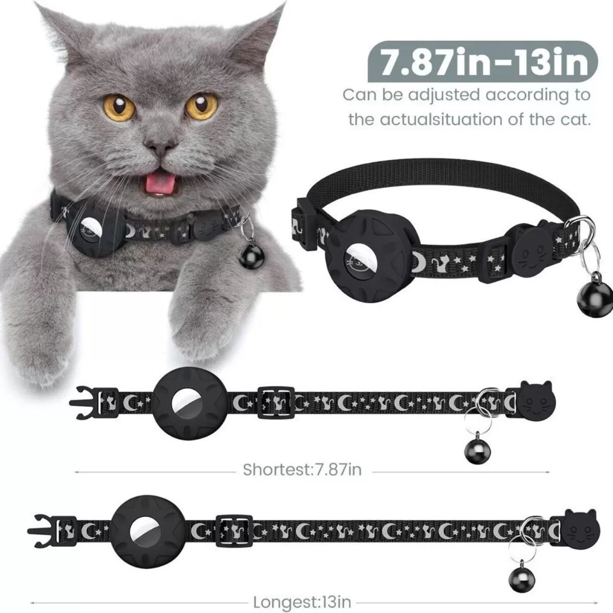 INF Collier pour animal de compagnie Airtag avec clochette - Support de traceur sécurisé, collier en polyester réglable Le noir