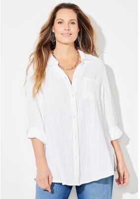 Plus Size Women's AnyWear Pucker Cotton Buttonfront Roll Tab Shirt by Catherines in White (Size 5X)
