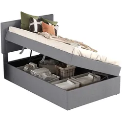 MODFU Polsterbett 90x200 Leinen MDF Einzelbett mit Lattenrost, großem Stauraum unter dem Bett, modernes Design, Grau