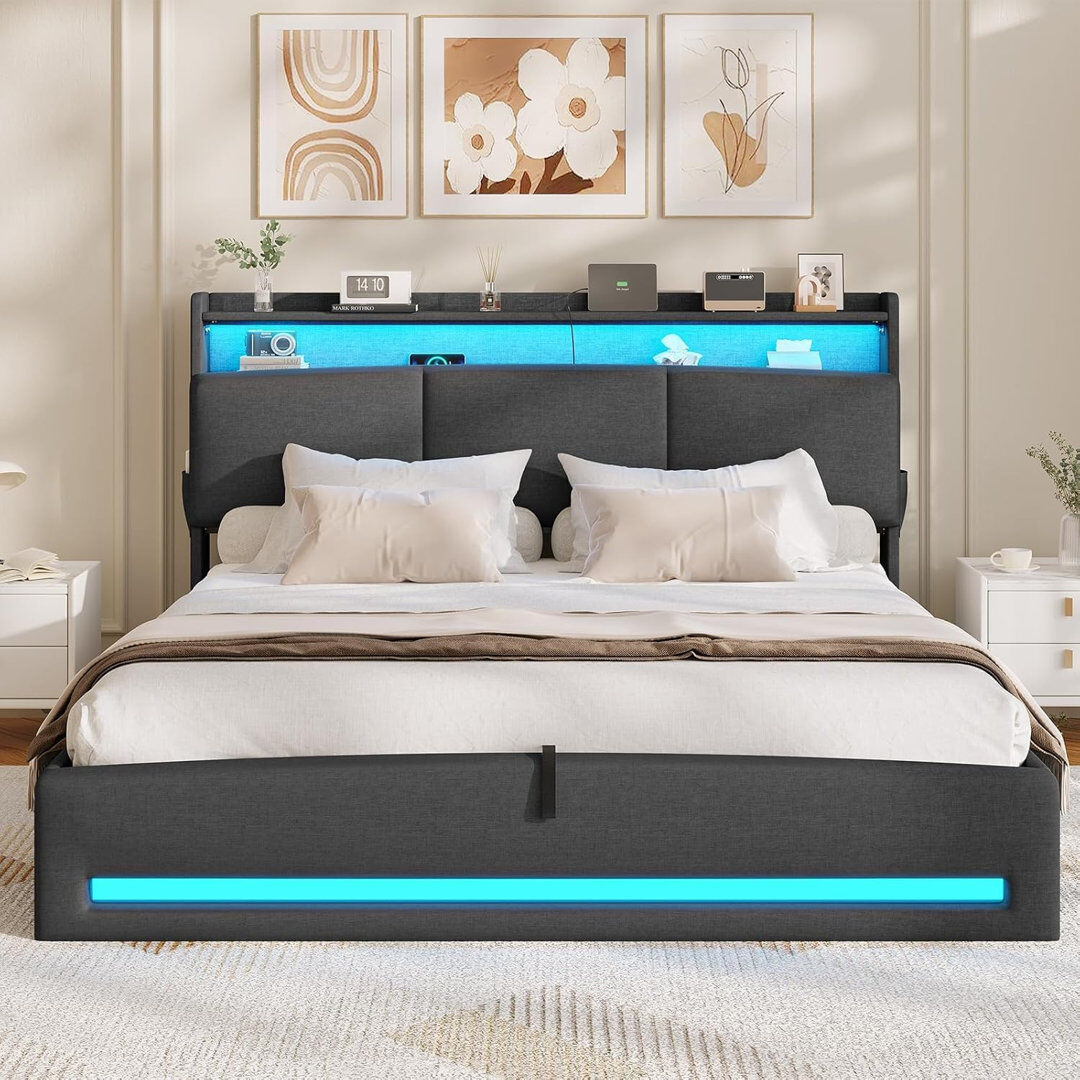 Rebrilliant Bed with Hydraulic Storage and Charging Station Upholstered Storage Headboard, Space-saving Dark Grey Double (4'6)