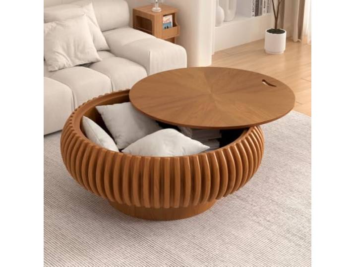 DAXUESEH Runder Couchtisch Mit Stauraum, Geriffelter Couchtisch Moderner runder geriffelter Couchtisch, runder Beistelltisch aus Holz, ideal für kleine Wohnungen