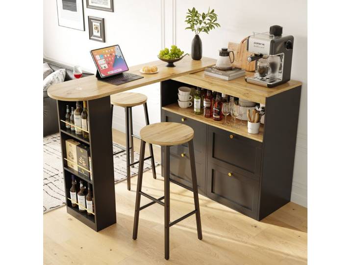 Ensemble Table et Chaises de Bar avec 1 Table d'Îlot de Cuisine et 2 Tabourets - Rangement - MDF et Métal - Noir