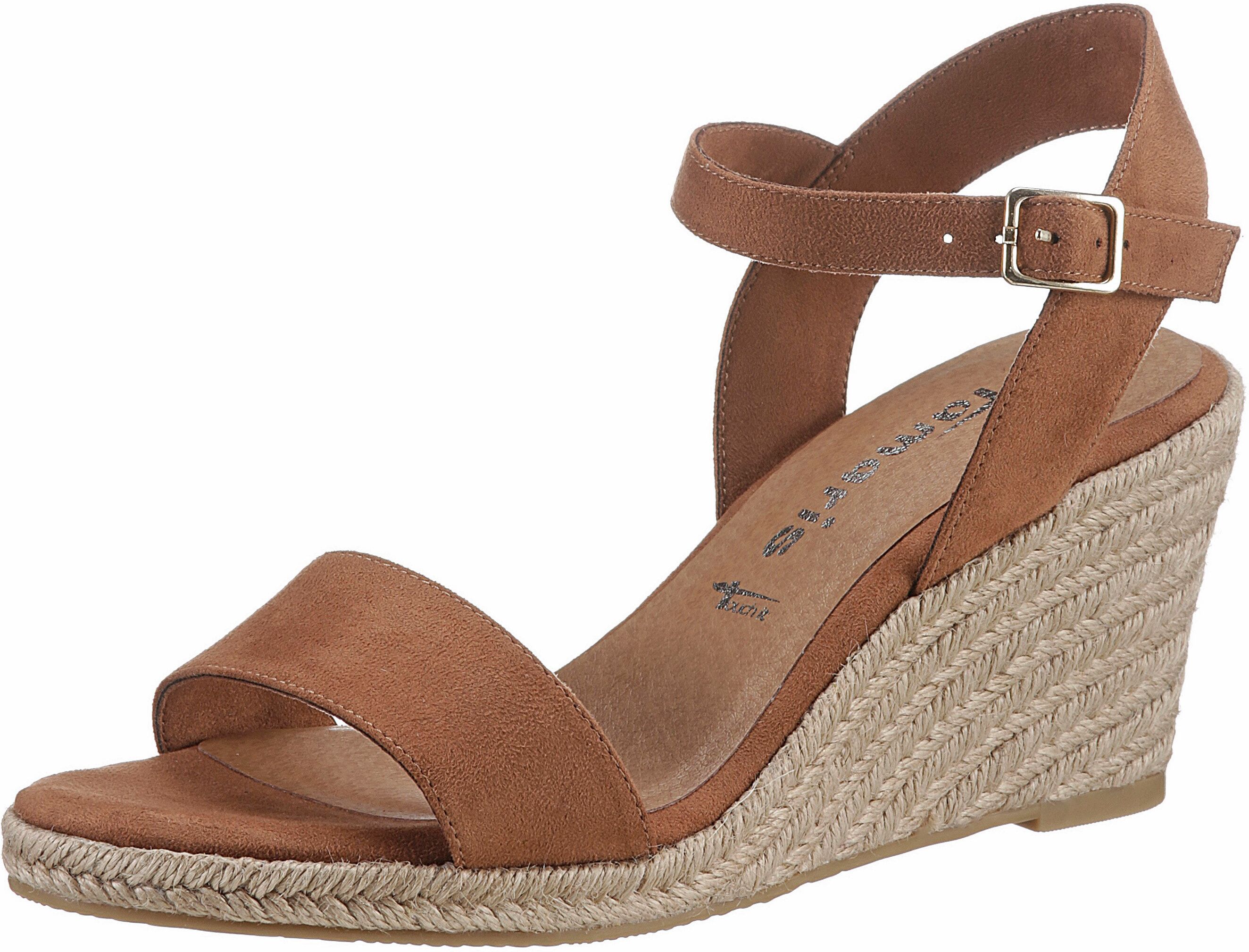 Keilsandalette TAMARIS, Damen, Gr. 42, Textil, braun (cognac), Schuhe Keilsandalette, Sommerschuh, Riemchensandale, mit verstellbarem Riemchen cognac 42, Textil